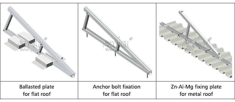 Aluminum 6005-T5 solar tripod for flat roof metal roof installation